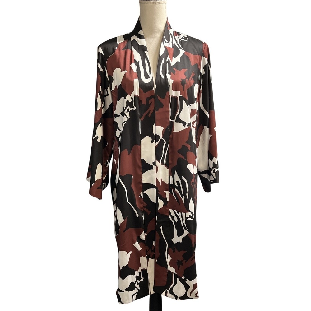 Chicos Cardigan Duster Brown Reversible Size 2 M Floral Animal Print Satin Chic